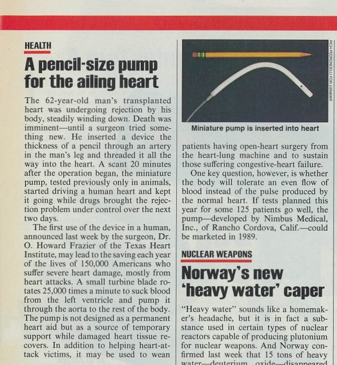 Article on the Nimbus Hemopump by US News May 1988