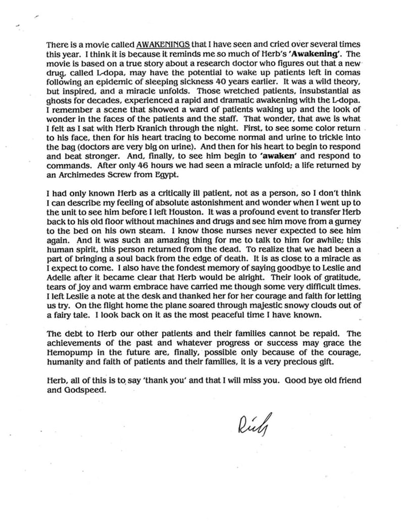 Memorium written for Herb Kranich, the first patient using the Hemopump, by Dr. Richard K Wampler, page 2